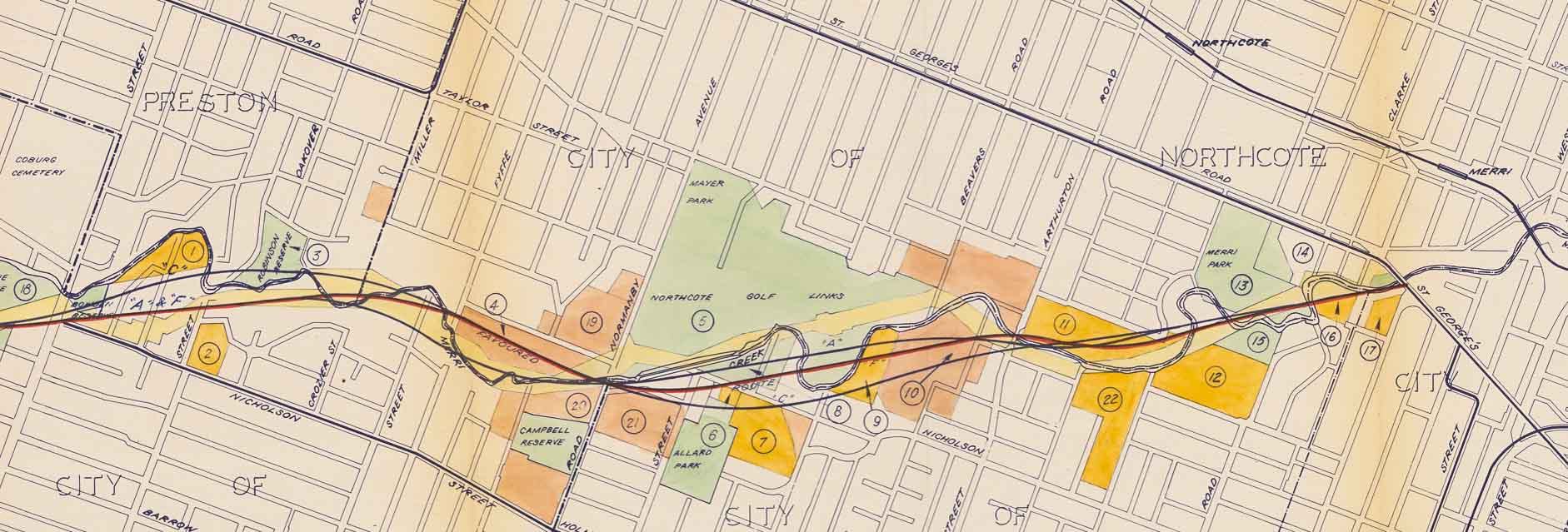 Map with drawing of proposed freeway